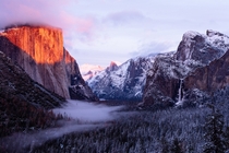 Yesterdays sunset in Yosemite It looked like it was going to be a gray one but then sun light cut across El Capitan then hit Clouds rest and finally Half Dome while a mist rolled into the valley OC