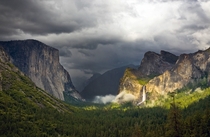 Yosemite Valley with the sun shining through overcast skies 