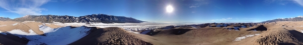  degree panorama from the top of the highest sand dune at Great Sand Dunes National Park in Colorado 