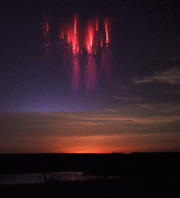  Naked-eye Sprite Storm over Kansas Sprites are large-scale electrical discharges that occur high above thunderstorm clouds or cumulonimbus giving rise to a quite varied range of visual shapes flickering in the night sky