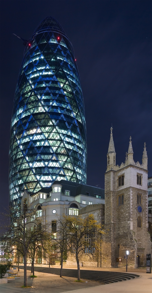  St Mary Axe the Gherkin at night London United Kingdom 