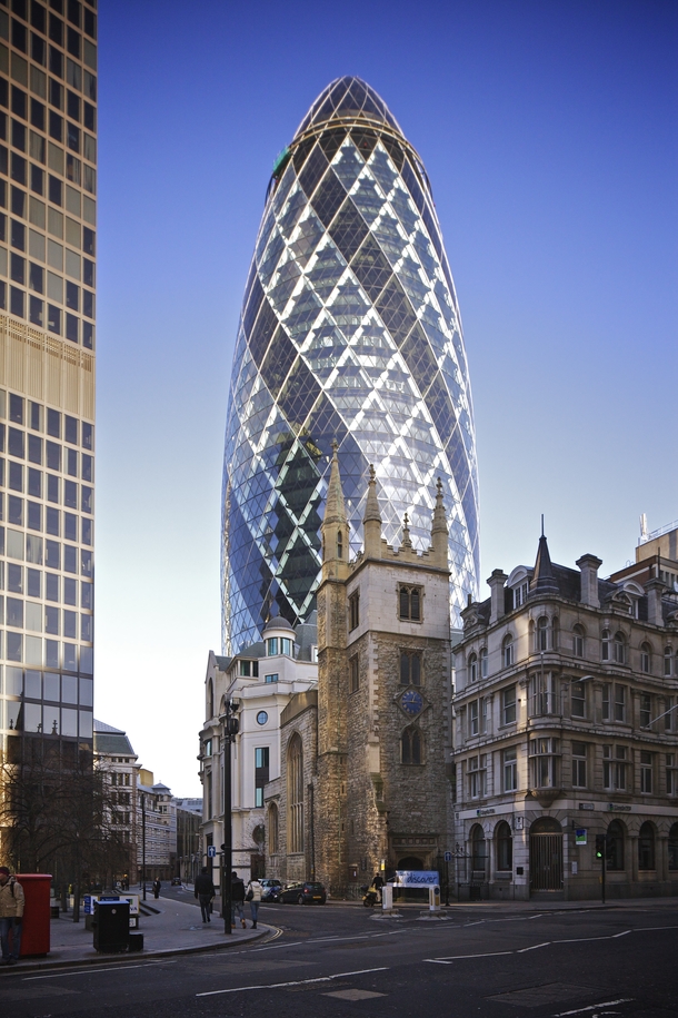  St Mary Axe with St Andrew Undershaft church in the foreground pictured from Leadenhall Street London 