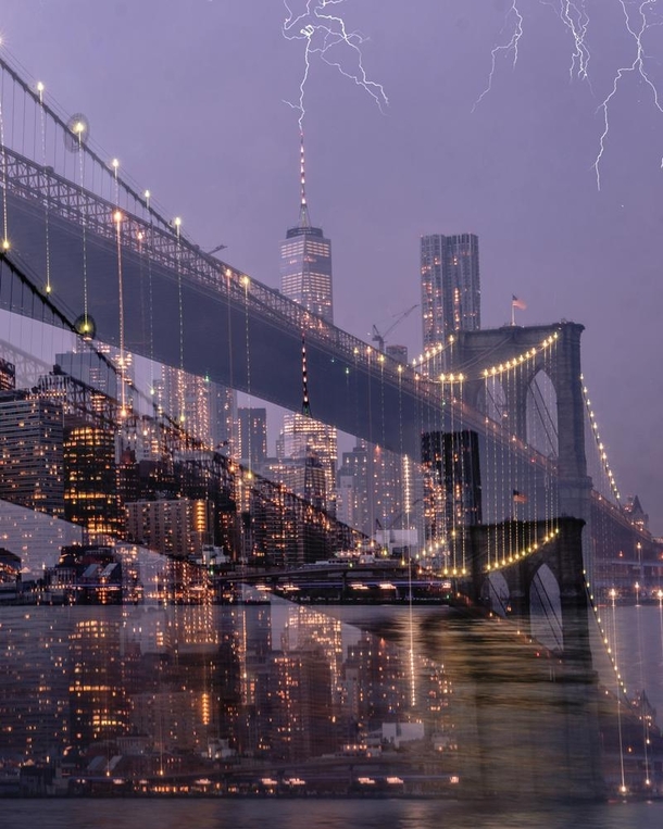  We walked across the Brooklyn bridge There were forecasts of thunderstorm but it all looked too calm As we reached the other side it started drizzling I could observe lightning strikes far away approaching us Got lucky minutes later Slow shutter sweep fo
