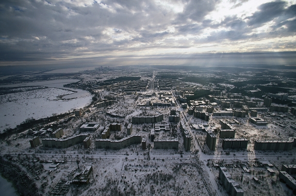 A birds eye view of the abandoned city of Pripyat Ukraine 