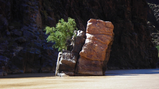 A boulder of Vishnu Schist and pink Zoroaster Granite in the heart of the Grand Canyon OC