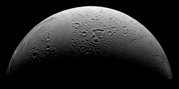 A Cassini mosaic the highest resolution yet of degraded craters fractures and disrupted terrain of Enceladuss north polar region Enceladus is Saturns th largest moon and is mostly covered by fresh clean ice making it one of the most reflective bodies in t