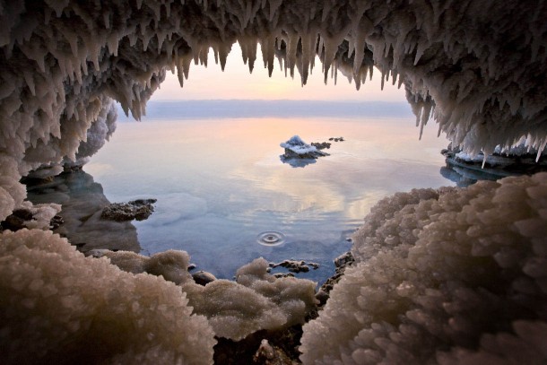 A cave on the Jordanian shore of the Dead Sea near Zara  OS