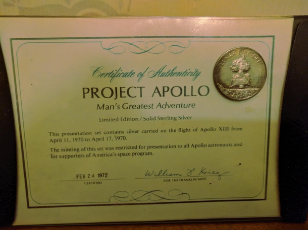 A coin containing silver flown to the Moon on Apollo  I had this verified Christies Auctioneers who confirmed it is genuine One of the treasured pieces in my collection