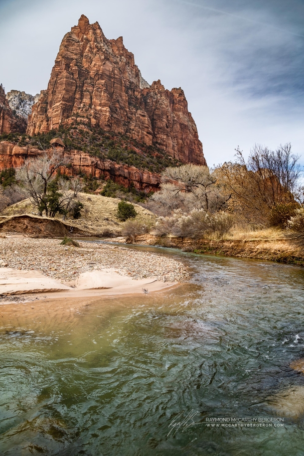 A cold winter day at a bendy river in Zion National Park Utah 