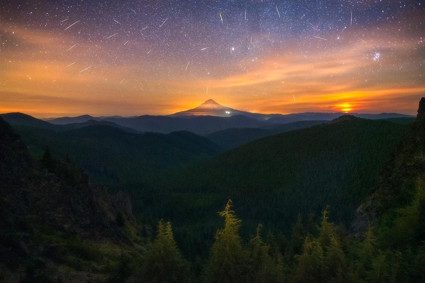 A collection of meteors from the Perseid Meteor Shower over the Mt Hood Wilderness 