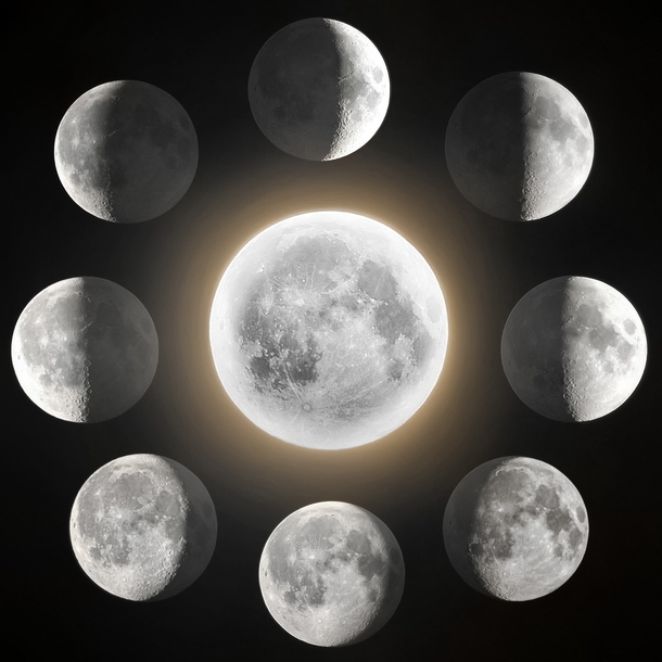A composite image showing some of the different phases of the moon imaged over the course of this year 