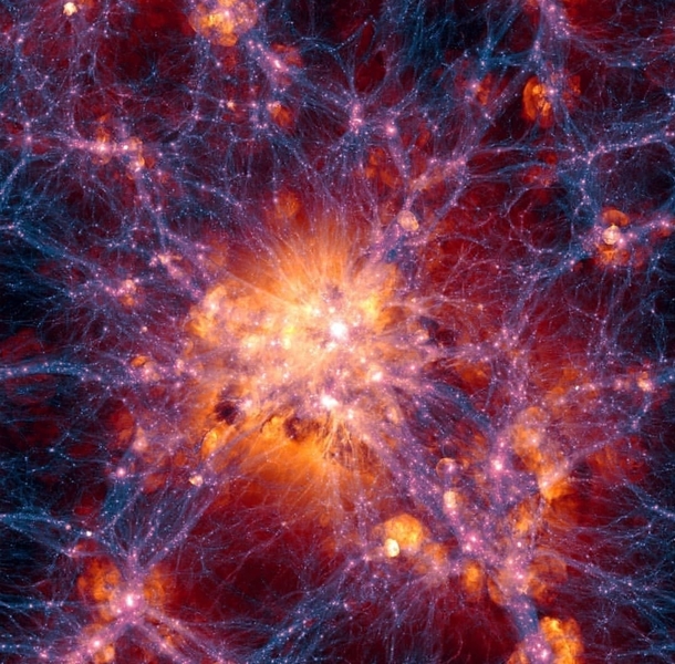 A detailed illustration of the distribution of dark matter in blue and regular matter in orange The area detailed is over  million light-years across