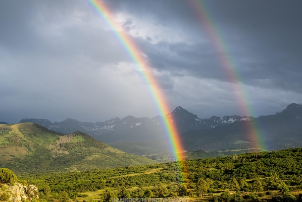 A double rainbow in front of Mt Sneffles in the Uncompahgre National Forest near Ouray CO  x