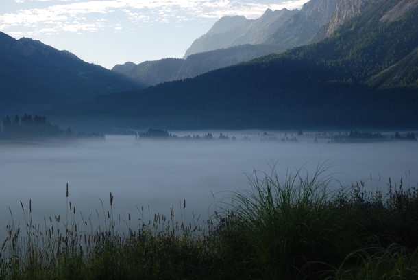 A foggy morning in the Zugspitze region german alps 