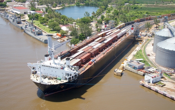 A freight train being loaded on a ship in Coatzacoalcos Mexico