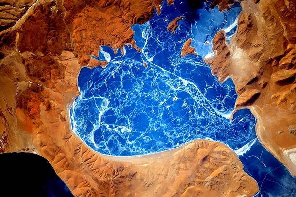 A frozen lake in the Himalayas as seen from the International Space Station