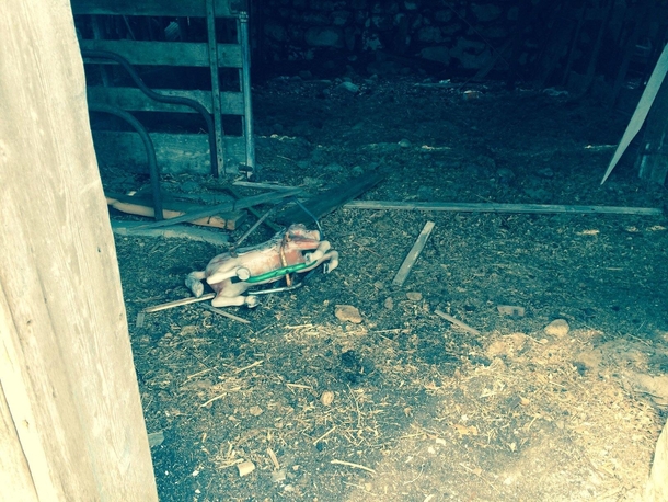 A horse swing inside an abandoned barn 