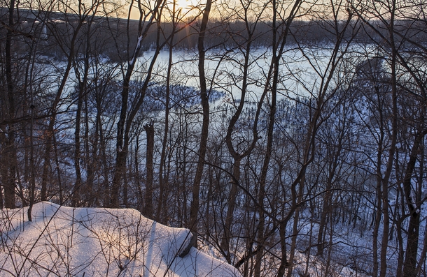 A look out over a frozen lake Creve Coeur Lake Near St Louis MO