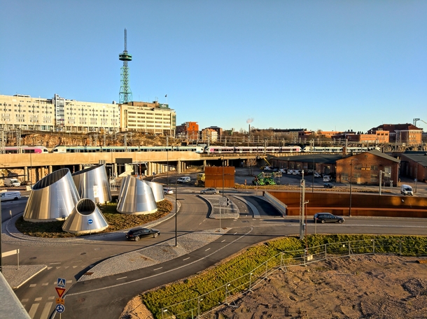 A new roundabout and a railway bridge in the Pasila district in Helsinki Finland 
