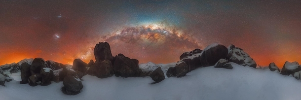 A panorama from  Castle Hill in the snow New Zealand 