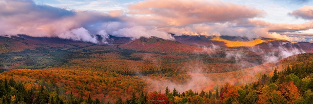 A panoramic autumn sunrise in the Adirondacks NY 