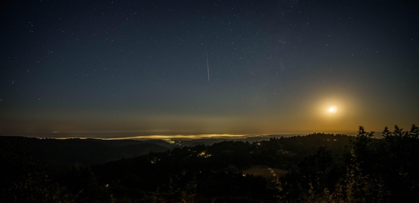 A Perseid over foggy Santa Cruz CA Co-starring the Moon and a faint Milky Way 