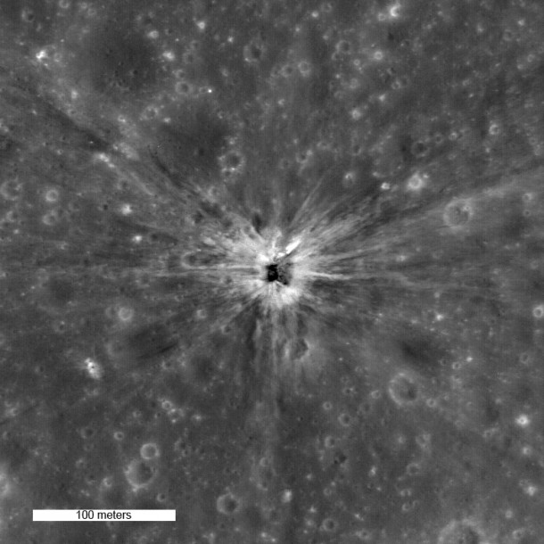 A photo of the impact crater left by the Apollo  Saturn IVB third stage rocket booster where it impacted the moon north of Mare Cognitum on April th  