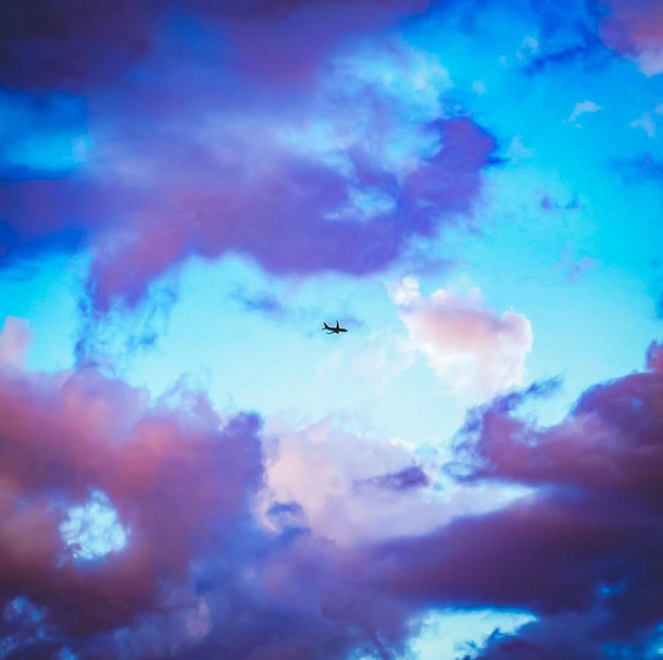 A plane flying through what I can only describe as cotton candy in the sky 