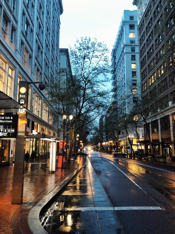 A rainy evening in downtown Portland Oregon