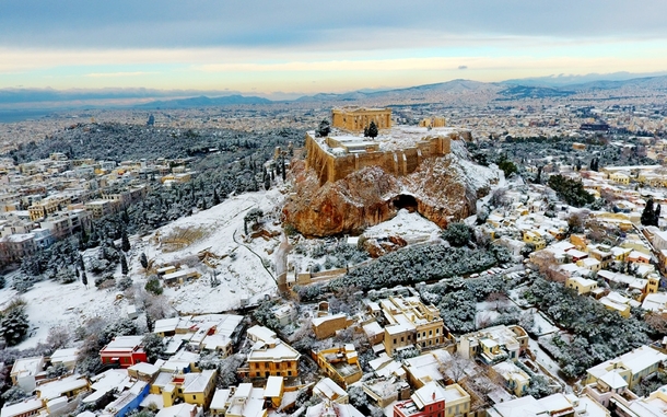 A rare sight of Acropolis covered in snow caused by the recent European cold wave Athens Greece 