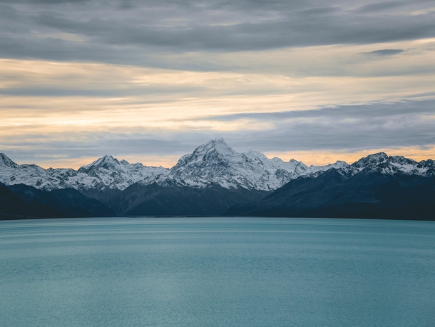 A recent sunset over Mt Cook the highest mountain in NZ Lake Pukaki New Zealand 