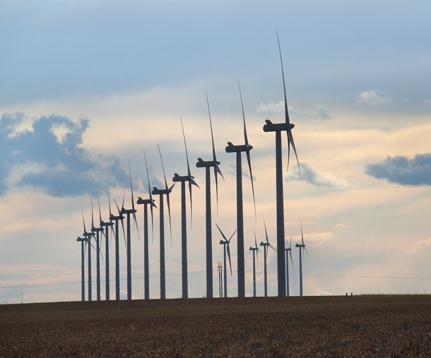 A row of wind turbines near Limon Colorado 