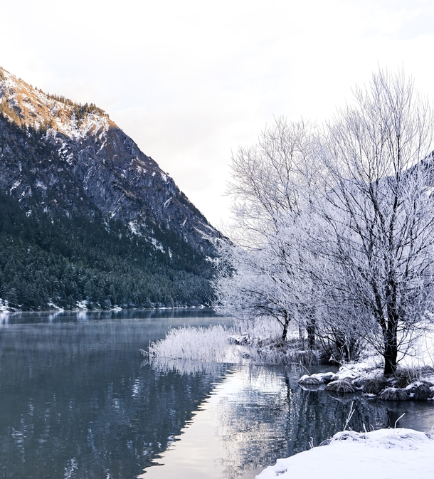A snowy landscape at the Heiterwanger Lake in Austria 