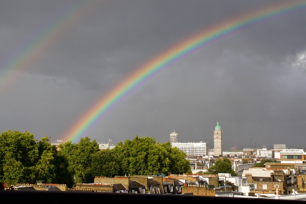 A very bright double rainbow over London today - right after a heavy rainstorm