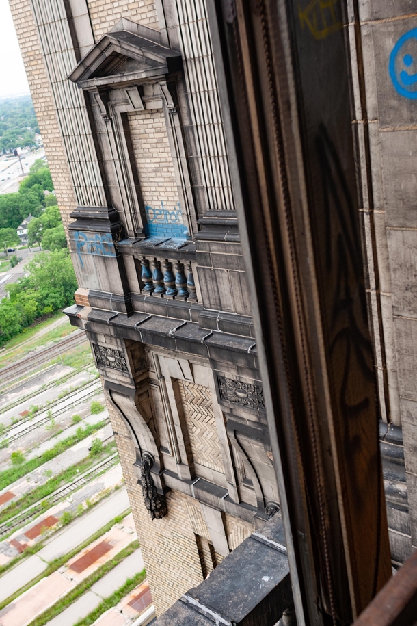 A view from the top floors of Michigan Central Station showing some of its Beaux-Arts architecture Photographed in  Ford is renovating the building at a cost of  million