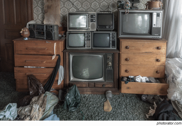 A wall of old televisions found in the bedroom of an old abandoned house in Ontario Canada oc   