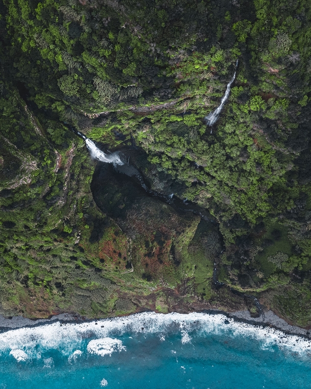 A waterfall in Madeira leading directly into the Atlantic Ocean 