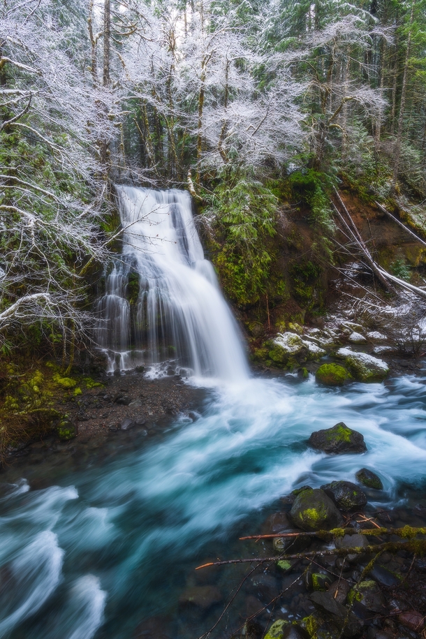 A waterfall in the Columbia River Gorge after a light dusting of snow  dreamcapturedimages
