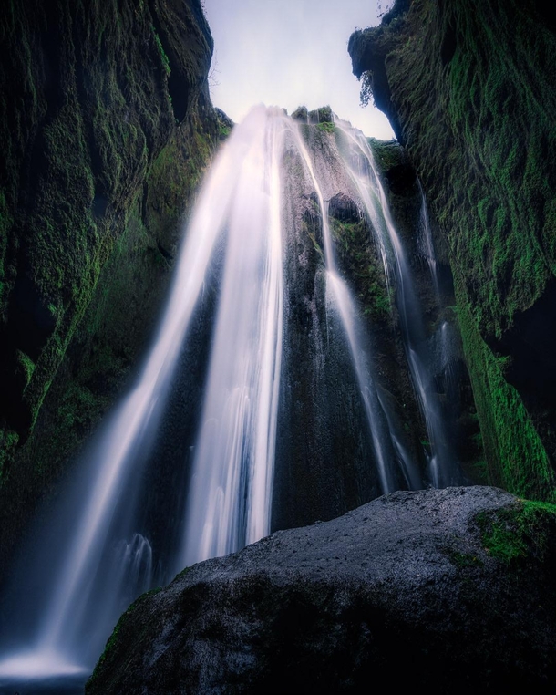 A waterfall inside a cave in Iceland 