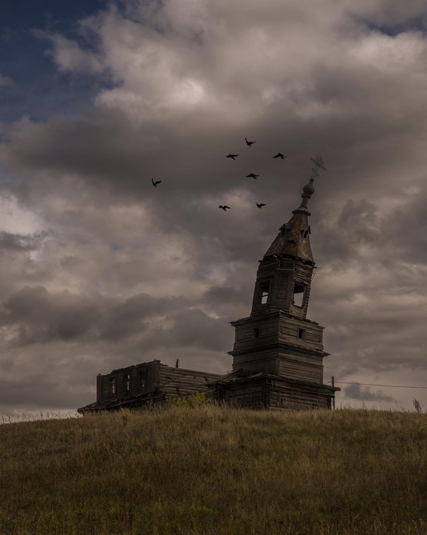 A windswept abandoned church somewhere in Russia