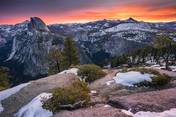 A Winter sunrise from Glacier Point in Yosemite National Park CA 
