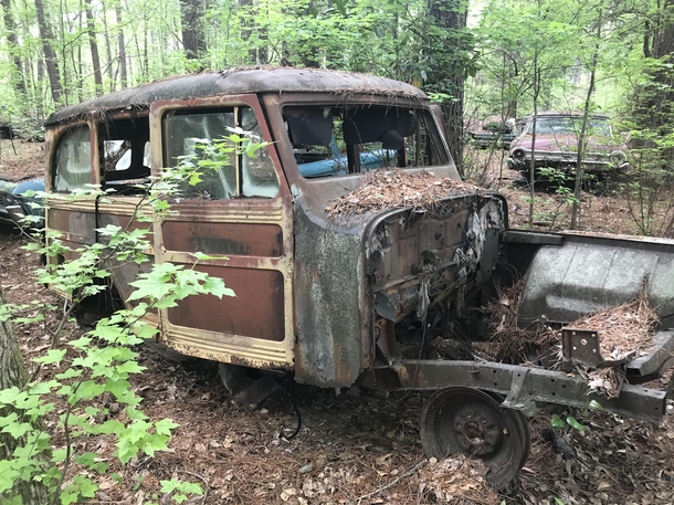 A woodie wagon of unknown make rotting away in an abandoned junkyard
