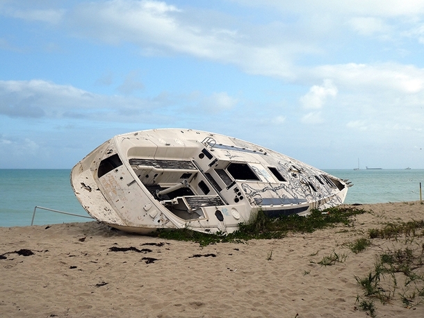 A yacht washed up on a beach in Antigua 