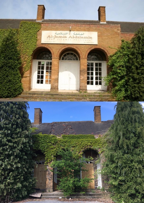 Abandoned boys boarding school Al-Jamia Al-Islamia institute Top picture taken in  bottom picture taken today 