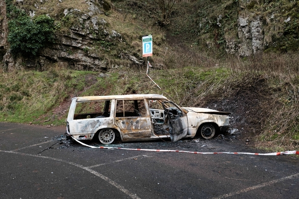 Abandoned burnt-out car Cheddar Gorge UK  album in comments