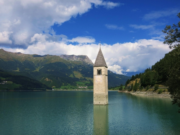 Abandoned church steeple Lago di Resia Italy Story in comments 