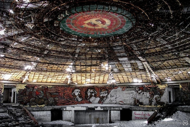 Abandoned Communist Party Headquarters in Bulgaria a concrete saucer perched atop Mount Buzludzha link in comments