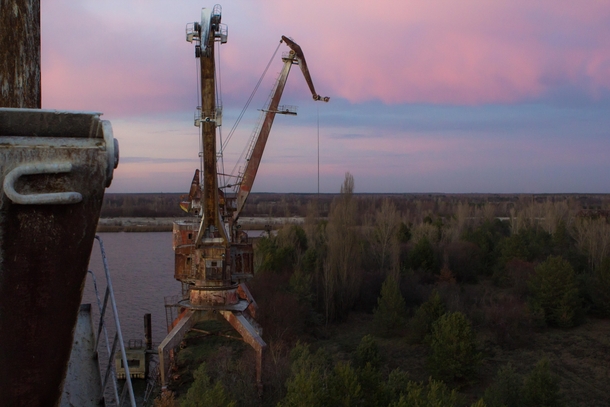 Abandoned cranes along the Pripyat River Chernobyl Exclusion Zone Ukraine