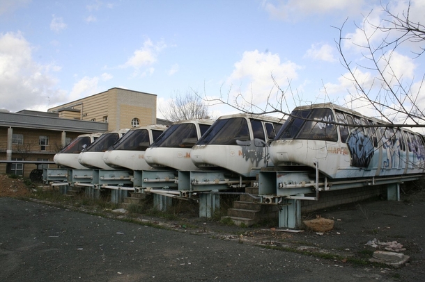 Abandoned monorail cars at Seville Expo  site by Oliver Herbert 
