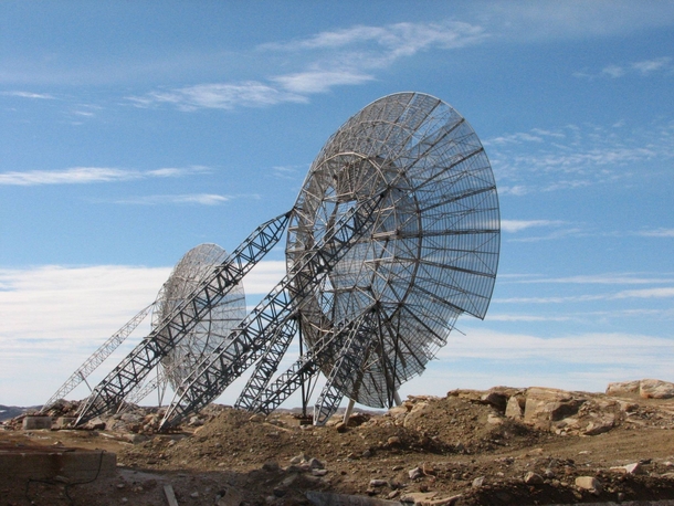 Abandoned radar dishes at Nunavut Canada 
